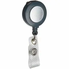 Retractable tether for securing ID badges, access cards, or keys. Supports both horizontal and vertical orientations. Gray finish. Overall height and width of 1 1/4 in. Suitable for use in industrial, corporate, and facility settings.