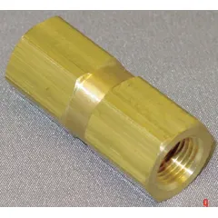 This brass inline piston check valve features a spring-loaded piston design for positive sealing in low-pressure applications. It has a 1/8 in pipe size with FNPT x FNPT connections, and is used to prevent backflow in compressed air, water, and oil systems.