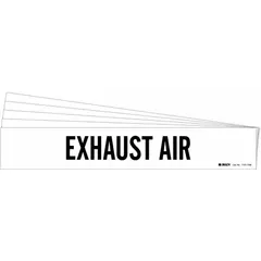 White adhesive pipe marker with black legend reading 'Exhaust Air' for identifying exhaust air piping systems. Fits pipe outer diameters of 8 inches and larger. Pack of 5 markers without arrows. Suitable for indoor or outdoor use in industrial facilities.