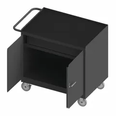 This fully assembled mobile cabinet workbench features a gray rubber top and a 1,200 lb overall load capacity. It includes a side handle for repositioning and drawers for organized storage. Suitable for assembly, maintenance, and repair tasks in industrial facilities.