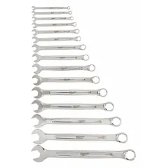 This 15-piece SAE 12-point combination wrench set includes wrenches ranging from 1/4 in to 1 in head sizes. Made of alloy steel with a chrome finish, the set is organized on a tray for convenient storage. Suitable for fastening and loosening bolts and nuts in maintenance, assembly, and repair tasks.