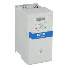 Compact variable frequency drive with single-phase input and three-phase output at 200-240V AC. Rated for 5 hp to 7 1/2 hp, includes bypass for manual operation. Suitable for speed control of three-phase AC motors in applications such as conveyors, pumps, and fans.