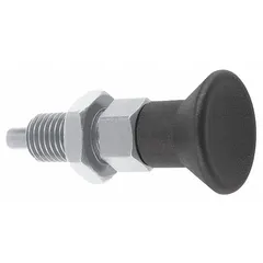 This nonlocking indexing plunger features an extended pin and pull-knob design for manual actuation. It has an M6x0.75 thread and a nose force range of 4.5 N to 12 N. The included jam nut secures the plunger in place. Typical applications include precise positioning and locking of machine components such as slides, rotary tables, or fixtures in industrial manufacturing and automation.