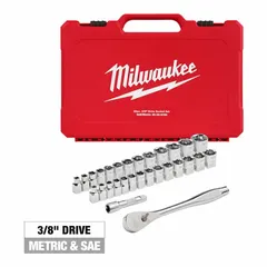 This 29-piece socket set includes 6-point sockets in SAE sizes from 5/32 in to 9/16 in and metric sizes from 5 mm to 19 mm, with a 3/8 in drive and friction ball retention. Drive tools are included. Suitable for tightening and loosening fasteners in automotive repair, machinery maintenance, and general assembly tasks.