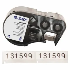 Precut label roll cartridge for M510 printer series. Labels are 2 in x 1/2 in, polyester, black on white. Used for asset tagging, cable marking, and panel identification in industrial settings.