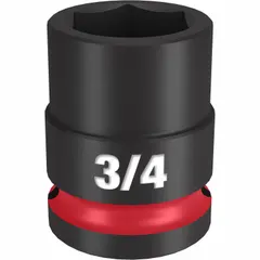 This 1/2" drive impact socket features a 3/4" SAE 6-point standard configuration with friction retention. Designed for use with impact tools, it is suitable for fastening and loosening nuts and bolts in high-torque applications such as automotive repair and industrial assembly.