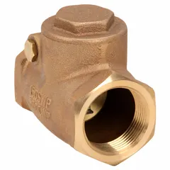 This bronze inline swing check valve features a swing disc mechanism that automatically prevents backflow in piping systems. With 1 1/4 inch female NPT connections on both ends, it is suited for horizontal or vertical installation in water, oil, and gas lines. The bronze construction provides corrosion resistance for industrial plumbing, HVAC, and process applications.