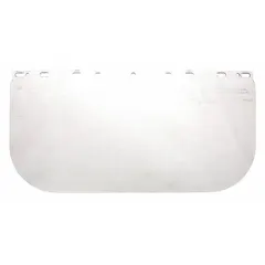 Clear, uncoated polycarbonate replacement visor for face shields. Dielectric and reusable. Overall height 8 in. Provides impact and splash protection in industrial environments such as machining, material handling, and electrical maintenance.