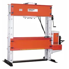Electric H-frame hydraulic press rated for 100 tons of force and 460 V AC operation. Designed for industrial pressing tasks such as straightening, bending, and pressing bearings or bushings in manufacturing and repair facilities.