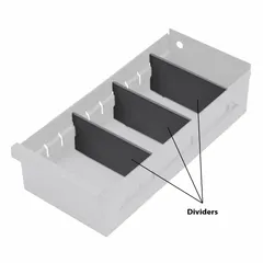 Plastic drawer bin divider in gray, 2-1/2 in overall height. Designed for use with Durham Metal Small Parts Drawer Cabinets to separate and organize small components such as fasteners, fittings, or terminals in workshop and industrial storage areas.