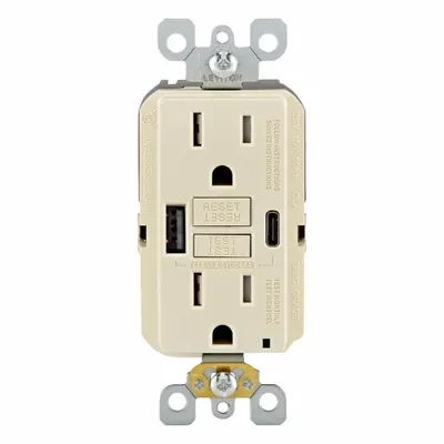 LEVITON Receptacle: Decorator Duplex, 5-15R, USB Type A/C, Light Almond, 125V AC - Weather-Resistant Receptacles with USB Chargers