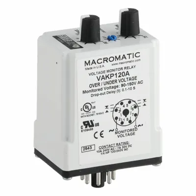 MACROMATIC Voltage Sensing Relay: Socket Mounted, 8 Pins/Terminals, 10 A, 120V AC - Socket-Mounted Relays