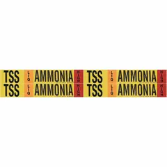 Ammonia adhesive pipe markers for industrial piping identification. Designed for LIQ phase, High pressure level, fitting pipe O.D. 3/4 to 2-3/8 in. Pack includes 4 markers with IIAR abbreviation TSS, without arrows.