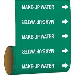 Green adhesive pipe markers with white legend text reading 'Make Up Water', designed for pipe O.D. of 2-1/2 to 2 inches. Each roll contains 30 markers with directional arrows. Used to identify make-up water lines in industrial piping systems.