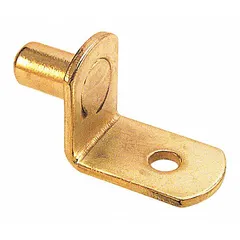 This shelf support is made of steel with a brass-plated finish, measuring 1-1/8 inches long and 11/16 inches high. Each support has a capacity of 25 pounds. Sold in an 8-pack, it is suitable for use in cabinets, bookcases, or display units to hold shelves in place.