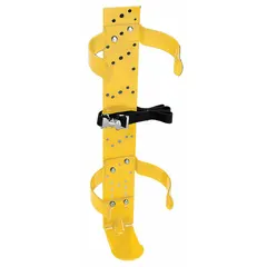 Steel storage bracket for self-contained breathing apparatus (SCBA). Yellow finish with a 5-1/4 in clip and overall length of 20-1/2 in. Designed for wall mounting to keep SCBA units accessible in industrial environments.