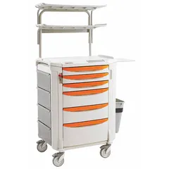 Polyethylene medical procedure cart with a taupe cabinet and white drawers. Configured with two swivel casters and two swivel casters with brakes for mobility and secure positioning. Suitable for organizing and transporting supplies in clinical settings.