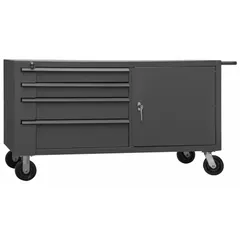 This fully assembled steel mobile cabinet bench provides a 4000 lb overall load capacity. It includes drawers and shelves for organizing tools and supplies, plus a side handle for repositioning. Suitable for use as a heavy-duty workstation in industrial facilities, maintenance shops, and warehouses.
