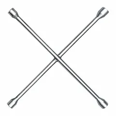This 4-way cross lug wrench features four 6-point wrench heads for standard lug nuts on passenger vehicles. It accommodates both Metric and SAE fasteners, providing versatility for tire changes and general automotive maintenance. No leverage bar hole is included.