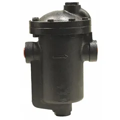Cast iron inverted-bucket steam trap for horizontal in-line installation. 1 1/4-inch FNPT connections. Maximum pressure 125 psi, maximum capacity 6,710 lb/hr. Strainer not included. Used to remove condensate from steam lines in heating and process systems.