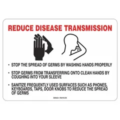 This aluminum sign is designed to communicate disease-reduction protocols in industrial facilities. It measures 10 in x 14 in nominal size with a white background, suitable for indoor or sheltered outdoor use.