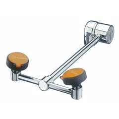 This plumbed eyewash station provides eyes and face coverage for emergency flushing. It features a swing-down activation mechanism and is designed for center counter-mount installation. Suitable for general-purpose use in laboratories, workshops, and manufacturing areas.