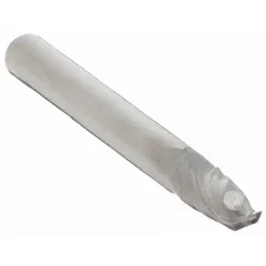 This carbide ball end mill has a 1/8" mill diameter, 1/4" length of cut, and 1-1/2" overall length with 2 flutes. It is used for creating contoured surfaces, slots, and 3D profiles in metal and plastic workpieces, suitable for die/mold machining and CNC finishing.