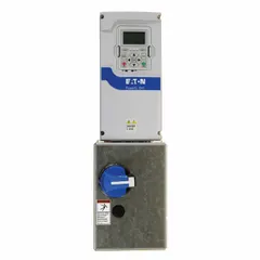 The Eaton PowerXL EHC is an enclosed variable frequency drive designed for HVAC applications. It provides three-phase output with a 7 1/2 hp rating and features an IP21 enclosure for indoor use. This model has no bypass and comes in a white finish.