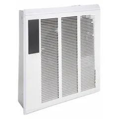 This large recessed electric wall heater operates on 240V AC single-phase power with selectable 1800W or 4000W output. It features a white grille and 5-2 programming capability for scheduled heating. Rough-in dimensions are 18-3/16 in x 14-1/4 in x 3-7/8 in. Suitable for primary or supplemental heating in commercial and residential spaces such as lobbies, offices, or workshops.