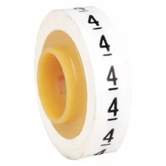 Replacement roll for wire marker dispensers containing 576 black-on-white polyester film labels with legend '4'. Rated for continuous use from -40°F to 250°F. Used for identifying wires and cables in electrical panels, junction boxes, and industrial installations.
