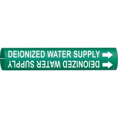 Green pipe marker with white legend reading 'Deionized Water Supply,' including directional arrows. Fits pipe outer diameters from 3/4 to 1-3/8 inches. Used to identify deionized water supply lines in industrial piping systems.