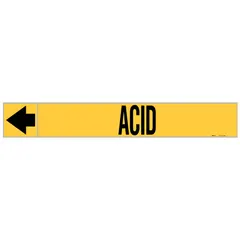 Yellow adhesive pipe marker with black legend 'Acid' and directional arrows. Designed for pipe outer diameters of 1-1/2 to 2 inches. Each roll contains 25 markers for identifying acid-carrying piping in industrial facilities.