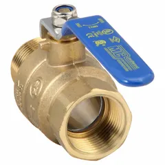 This brass ball valve features a straight body with full port ball port for minimal flow restriction. It has a lever handle and male NPT by female NPT end connections. Suitable for on/off service in water, oil, and gas piping systems.