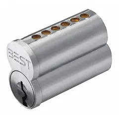 Small Format Interchangeable Core (SFIC) cylinder in chrome finish for cylindrical lock assemblies. Features 6 pins and R keyway type, allowing quick rekeying by swapping the core without removing the lock body.
