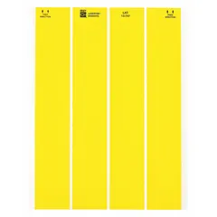 Acrylic label sheet with 2,500 precut labels, each measuring 13/16 in x 1 7/8 in. Acrylic adhesive provides permanent bonding on various surfaces. Designed for laser printing in industrial identification tasks such as asset tagging, cable marking, and equipment labeling.