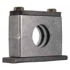 Steel clamp with aluminum cushion for securing a single line. The textured core reduces vibration and noise in tube and pipe routing applications. Suitable for hydraulic, pneumatic, and process systems.