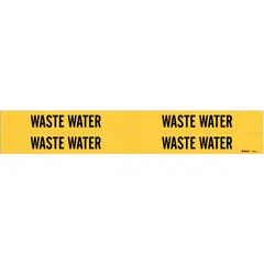 Yellow adhesive pipe marker with black legend reading 'Waste Water'. Designed for pipes with outer diameter from 3/4 to 2-3/8 inches. Pack includes 4 markers without arrows. Used to identify waste water piping in industrial facilities.
