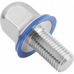 Fully threaded M12 crowned flanged hex head bolt with a pre-mounted FDA-approved sealing washer, made from Grade 316L stainless steel. Fastener length is 35 mm. Designed for use in sanitary processing environments requiring corrosion resistance and hygiene.