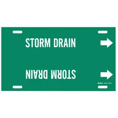 Green strap-on pipe marker with white legend 'Storm Drain' and directional arrows. Fits pipe outer diameters of 10 to 15 inches. Used to identify storm drain lines in piping systems for clear content indication.