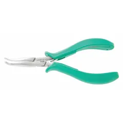 Bent needle-nose pliers with smooth jaws for precision gripping and bending in confined spaces. Overall length 5 3/4 in, jaw length 1 3/8 in, max jaw opening 1/2 in. Suitable for electronics assembly and repair where access is limited.