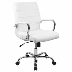 This fixed-arm office chair features a white faux leather upholstery and a tilting back mechanism. With a back height of 19 1/2 inches, it is suited for desk work in professional or home office environments.