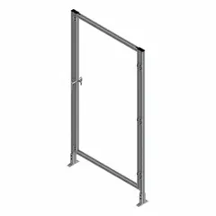 This assembled standalone door kit features a solid polycarbonate panel with clear visibility and an anodized gray finish. It measures 72 inches high by 39 inches wide by 5 1/2 inches deep and swings left. Typical applications include enclosing machinery, work cells, or equipment in industrial settings.
