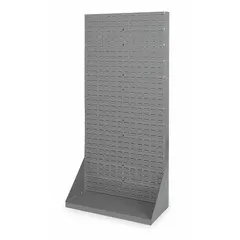 Floor-standing louvered rack without bins, measuring 75 x 36 x 17 inches with one louvered side. Gray powder-coated finish. Accepts standard hooks and bins for organizing tools, parts, or supplies in industrial facilities.