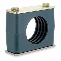 Steel clamp with polypropylene cushion for securing single tubing or piping lines. Ribbed bore enhances grip and dampens vibration. Used in industrial fluid and pneumatic systems to reduce noise and wear.