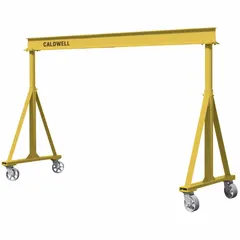 This fixed-height gantry crane is constructed from steel with a 4,000 lb load capacity and an 11.3 ft span. It is mobile under load with non-rotating legs, suitable for portable lifting tasks in industrial environments such as workshops, warehouses, and maintenance facilities.