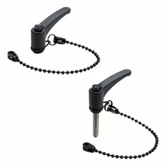 This tethered teardrop-style adjustable handle features a dark gray plastic body with a threaded hole for mounting. The black tether, made from POM-based technopolymer, has a nominal length of 200 mm. It is used for manual adjustment on machinery, panels, and enclosures where tool retention is required.