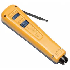 Spring-loaded punchdown tool for datacom applications. Supports 66 and 110 blade types with terminate/cut and terminate-only modes. Plain blade design. Used for terminating and cutting wires on punchdown blocks in structured cabling and telecom installations.