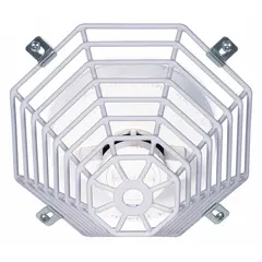 Steel smoke detector guard for indoor wall-mount flush installation. Protects smoke detectors from vandalism and accidental damage. Includes mounting hardware. Overall depth and length 8 1/4 in. White finish.