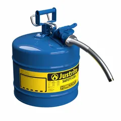 This 5-gallon Type II safety can is designed for dispensing kerosene. It includes a 1-inch OD hose for controlled pouring. The blue color indicates kerosene use. Suitable for fueling equipment or transferring flammable liquids in industrial settings.