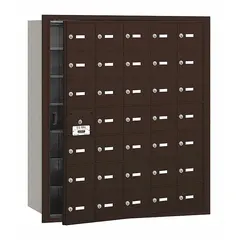Horizontal multi-unit mailbox with 34 lockable front doors, designed for recessed mounting. Measures 40 3/4 in H x 35 3/4 in W x 16 1/2 in D. Suitable for centralized mail distribution in multi-tenant residential or commercial buildings.